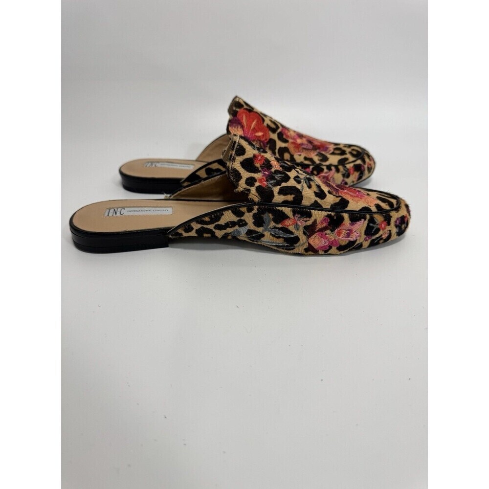 INC Women's Leopard Floral Embroidered Flats Real Calf Hair Mules Shoes 10.5 - Picture 13 of 16